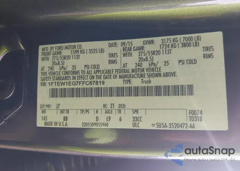 2015 Ford F-150 Platinum from USA, damaged, VIN 1FTEW1EG7FFC67819